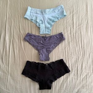 3 x Victoria's Secret PINK Lace Trim Cheeky Panties Black Gray Light Blue